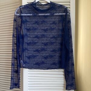 Aerie Navy Sheer Mesh Lace Long Sleeve Top